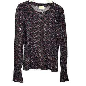 Nation LTD Shirt Womens Medium Black Floral Long Sleeve Pima Cotton Penny Tee